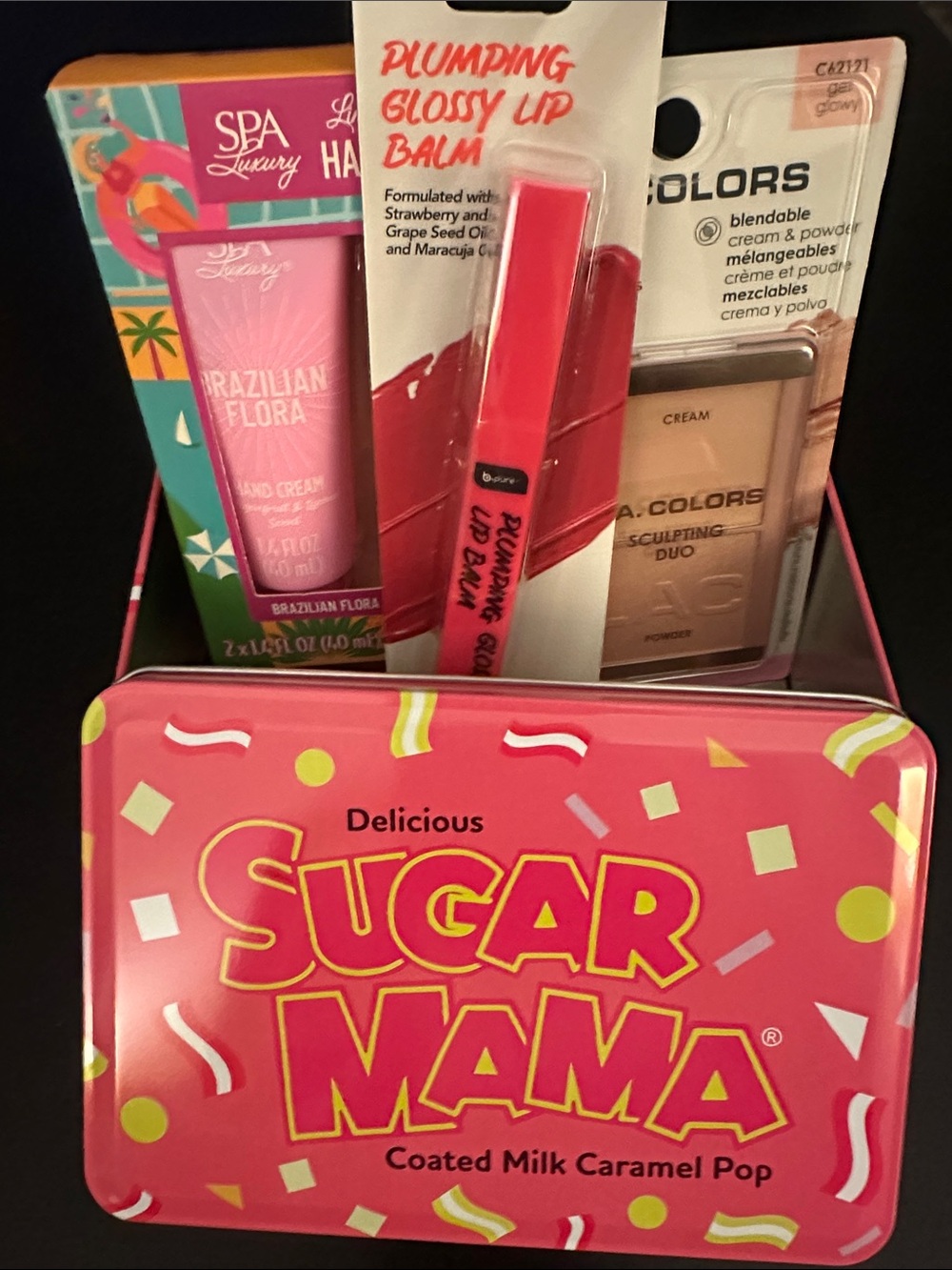Sugar Mama Gift Set Tin Plumping Lip Balm hand lotion duo & sculpting duo set